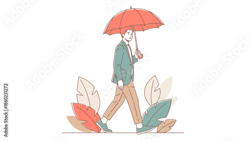 Stylish man walking with umbrella amidst colorful leaves in a minimalistic illustration
