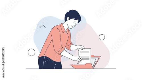 Young woman organizing documents and files in a tidy workspace emphasizing efficiency and