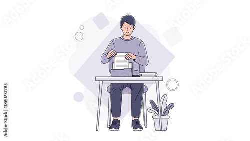 Young woman organizing documents at a desk in a modern workspace with indoor plants and