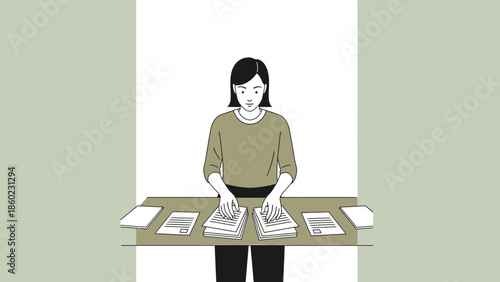 Young woman organizing documents or files at desk in modern workspace with a neutral minimalist