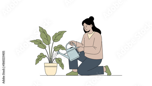 illustration of a woman caring for houseplant by watering it in a pot for gardening and plant care