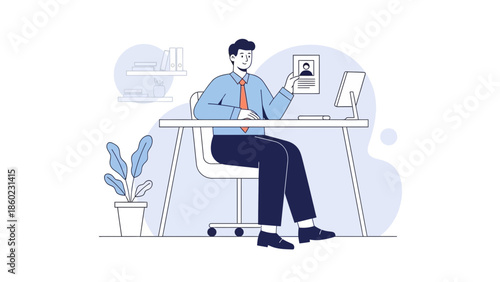 Businessman Using Laptop for Remote Video Conference in Modern Office Setting