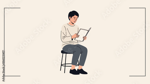 Young woman sitting on a stool reading a book in a minimalistic style illustration