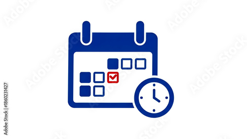 Blue calendar icon with clock and checked boxes on white background for organization and time management