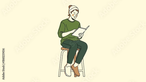 Young woman sitting on a stool reading a book with a serene expression on a plain beige background