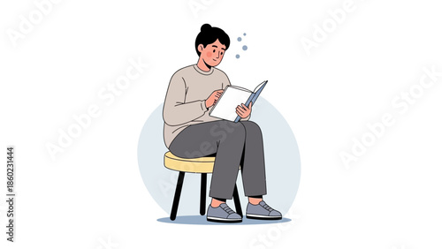 Young woman sitting on a stool reading a book with a relaxed and focused demeanor in a