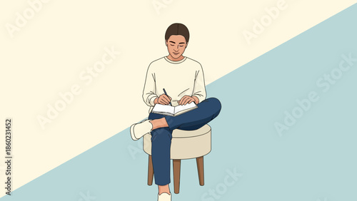 Young woman sitting on a stool reading and taking notes in a minimalist setting and cozy environment