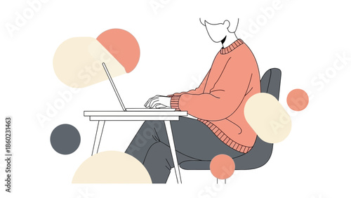 Creative Illustration of a Person with a Dog Head Working on a Laptop in a Minimalist Style