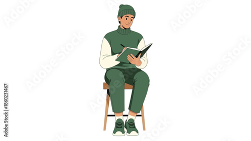 Young woman sitting on a wooden chair reading a book wearing a beanie and casual clothing