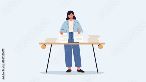 Young Woman Sorting and Organizing Stacked Documents on a Modern Desk in a Minimalist Workspace