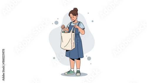 Young girl in casual summer outfit holding a reusable shopping bag and shopping for groceries