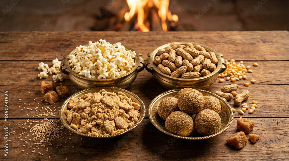 Fototapeta premium Traditional Lohri Snacks: Popcorn, Peanuts, Gur Rewari (Jaggery Sweets) on Wooden Table with Fire