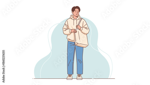 young woman standing with a tote bag wearing casual clothes in an illustration style
