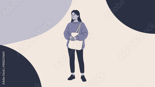Young woman standing with backpack in a minimalist abstract background illustration