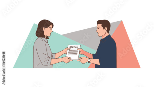 Business Meeting Between Woman and Man Handing Over a Report in a Professional Setting