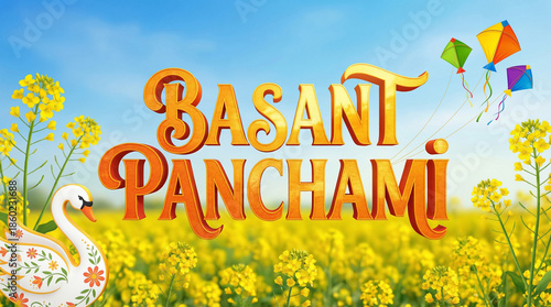 Basant Panchami Celebration with Mustard Field, Swan, and Kites, Spring Festival