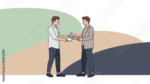 Professional Business Meeting Between Two Men Discussing Documents Outdoors