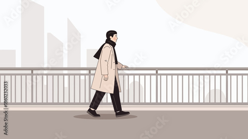 Stylish man walking along a modern city sidewalk with high-rise buildings in the background