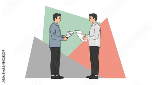 Professional Business Meeting Between Two Men Discussing Documents in a Modern Office Setting