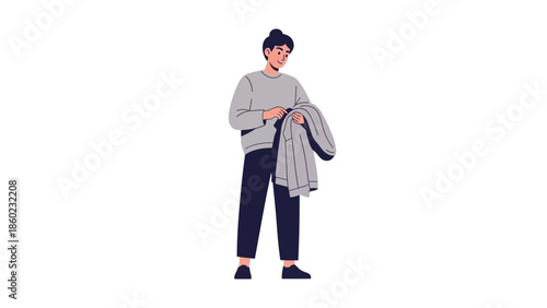 Young woman with dark hair and casual attire holding a jacket standing isolated on white background