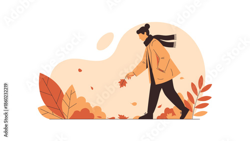 Autumn stroll illustration featuring a woman walking amidst falling leaves with warm earthy tones