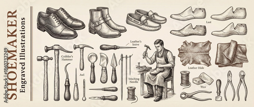 Craftsmanship shines in premium collection of engraved shoemaker illustrations with tools and footwear design elements