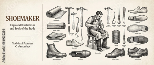 Engraved artistry showcases the traditional craftsmanship of a shoemaker with premium tools and materials