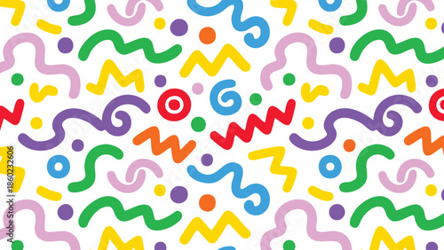 Colorful confetti pattern with whimsical shapes scattered on a white background