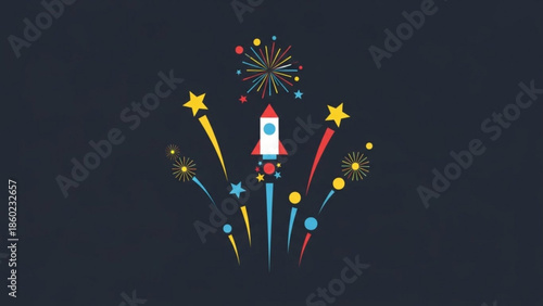 Vibrant rocket ship blasts off with colorful fireworks and stars on dark background, symbolizing celebration and achievement in space