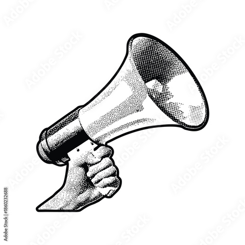 Black and white vintage hand drawn illustration of a hand holding a megaphone halftone dots detailed vector art