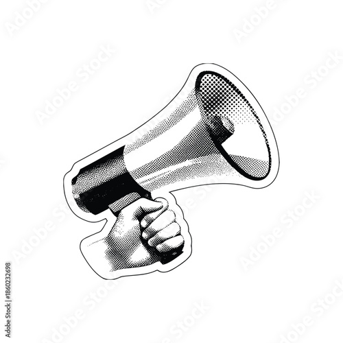 Black and white vintage hand drawn illustration of a hand holding a megaphone halftone dots detailed vector art