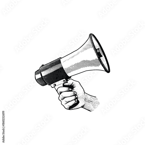 Black and white vintage hand drawn illustration of a hand holding a megaphone halftone dots detailed vector art