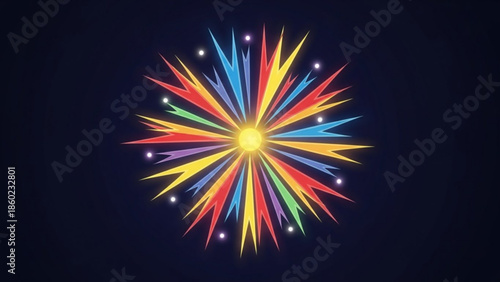 Vibrant multicolored starburst graphic with bright yellow center and dynamic colorful rays on dark background