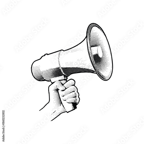 Black and white vintage hand drawn illustration of a hand holding a megaphone halftone dots detailed vector art