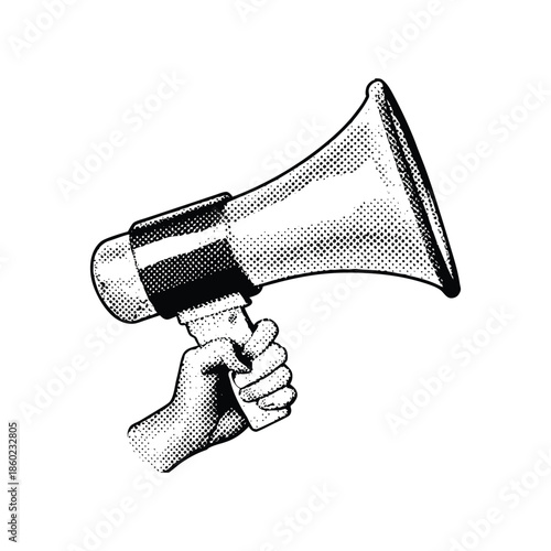 Black and white vintage hand drawn illustration of a hand holding a megaphone halftone dots detailed vector art