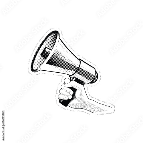 Black and white vintage hand drawn illustration of a hand holding a megaphone halftone dots detailed vector art