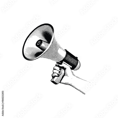 Black and white vintage hand drawn illustration of a hand holding a megaphone halftone dots detailed vector art
