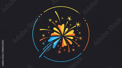 Vibrant colorful firework explosion in circular frame with stars on dark background, celebration and festivity concept