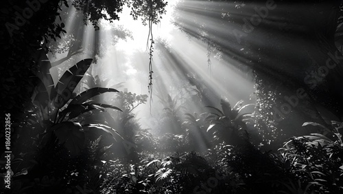 Black and white tropical forest with sunlight shining through the leaves, a mysterious and serene atmosphere.