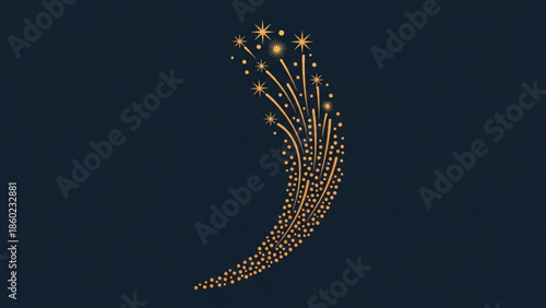Golden sparkler fireworks exploding in dark blue background, festive celebration design element with shiny sparks and stars