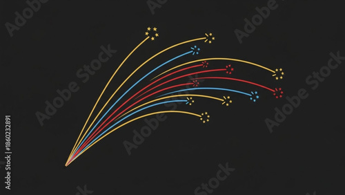 Vibrant colorful fireworks exploding in night sky with red, blue and yellow streaks and sparks, festive celebration graphic