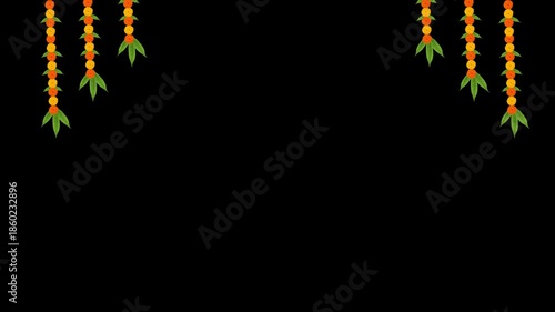 Animated marigold flower garland with alpha background for Hindu festivals and weddings