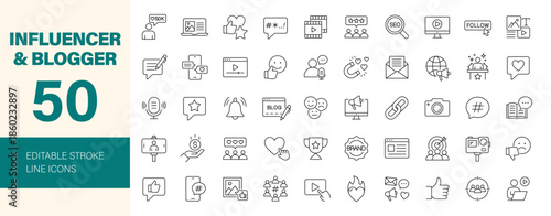 Influencer and Blogger icon set. Editable line icons. Vector illustration.