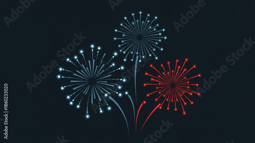 Glowing dandelion flowers in blue and red on dark background, festive sparks