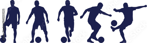 Set of five silhouettes of soccer players performing different actions with a ball