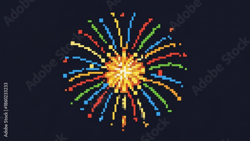 Vibrant pixelated firework explosion in shades of yellow, orange, red, green and blue against a dark background, festive colorful celebration graphic
