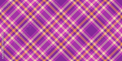 Modern seamless check vector, gingham plaid pattern textile. Hobby fabric tartan background texture in purple and magenta colors.