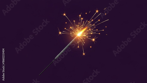 A single lit sparkler with bright sparks on dark background, festive celebration element