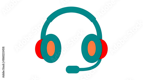 Teal and red headset with microphone on white background, customer service concept, call center equipment, communication tool