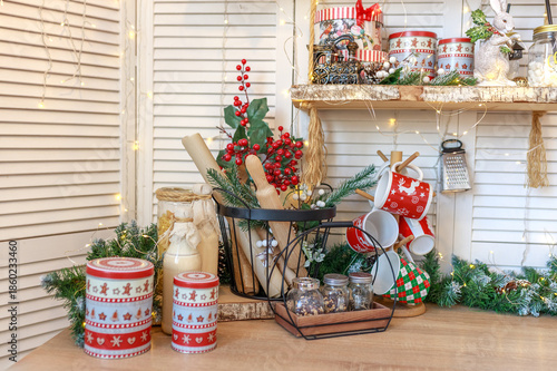 Festive table at home with gifts. Christmas concept, New Year celebration